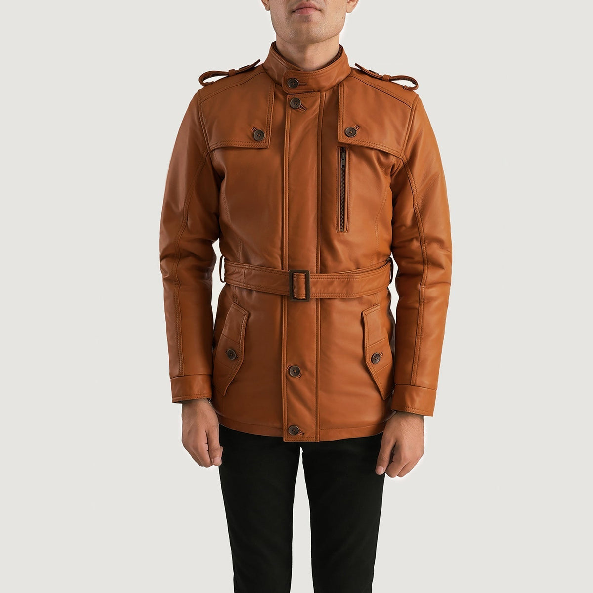 
クローズアップ詳細 of Band (Buttoned) & Zipper with Button Flap Hardware on Hunter タン ブラウン Fur レザージャケット メンズ