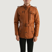 
クローズアップ詳細 of Band (Buttoned) & Zipper with Button Flap Hardware on Hunter タン ブラウン Fur レザージャケット メンズ