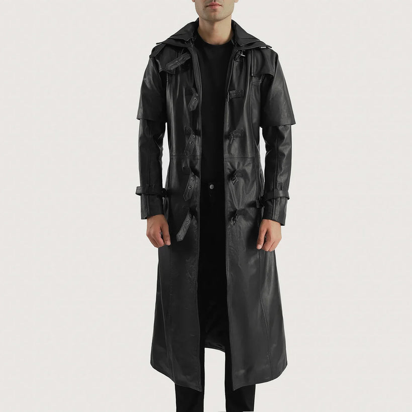 Huntsman ブラック Hooded レザートレンチコート メンズ