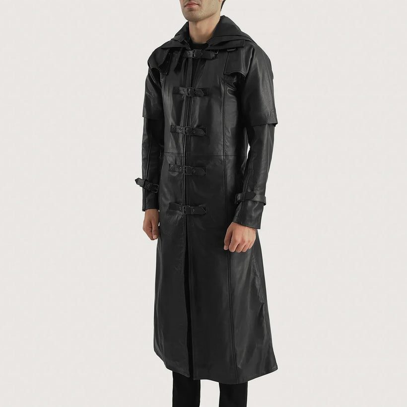Huntsman ブラック Hooded レザートレンチコート メンズ