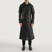
Huntsman ブラック Hooded レザートレンチコート メンズ - 袖の立体カッティングと洗練されたテーパードフィットを見せる側面ビュー