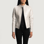 Women's Ice Maiden Silver キルティング レザーライダースジャケット レディース - Lateral Side Profile View Showing Sleeve Cut &amp; Athletic Taper Fit