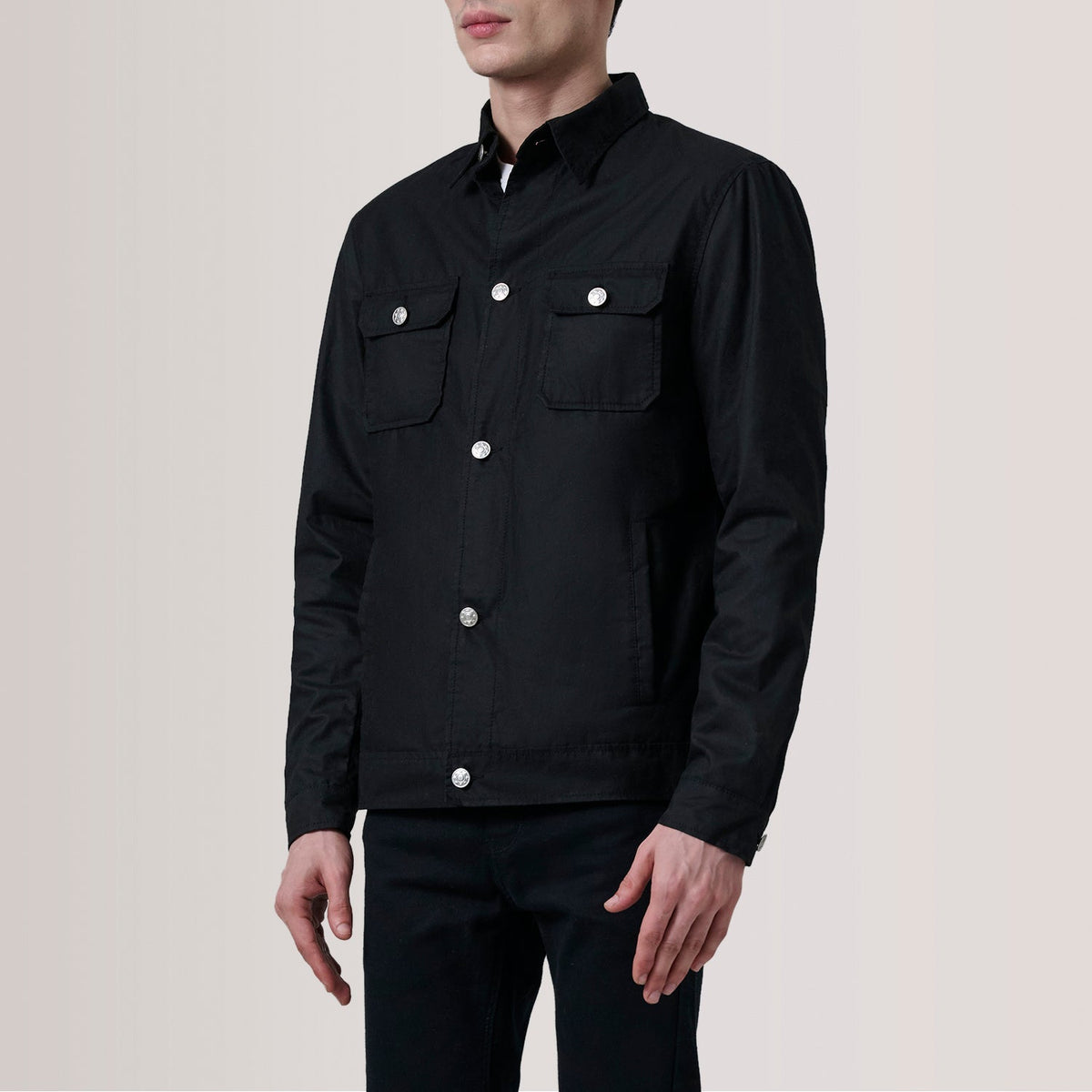 Irwin ブラック Waxed Canvas Field レザージャケット メンズ For Men - Lateral Side Profile View Showing Sleeve Cut &amp; Athletic Taper Fit