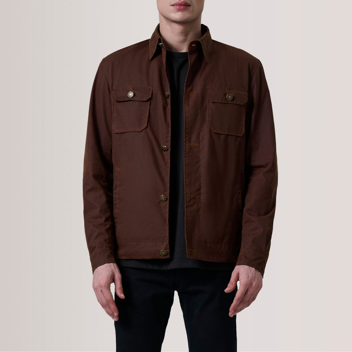 Irwin ブラウン Waxed Canvas Field レザージャケット メンズ For Men in Brown Waxed Cotton Canvas - Front Profile View &amp; Tailored Silhouette | Buy Online