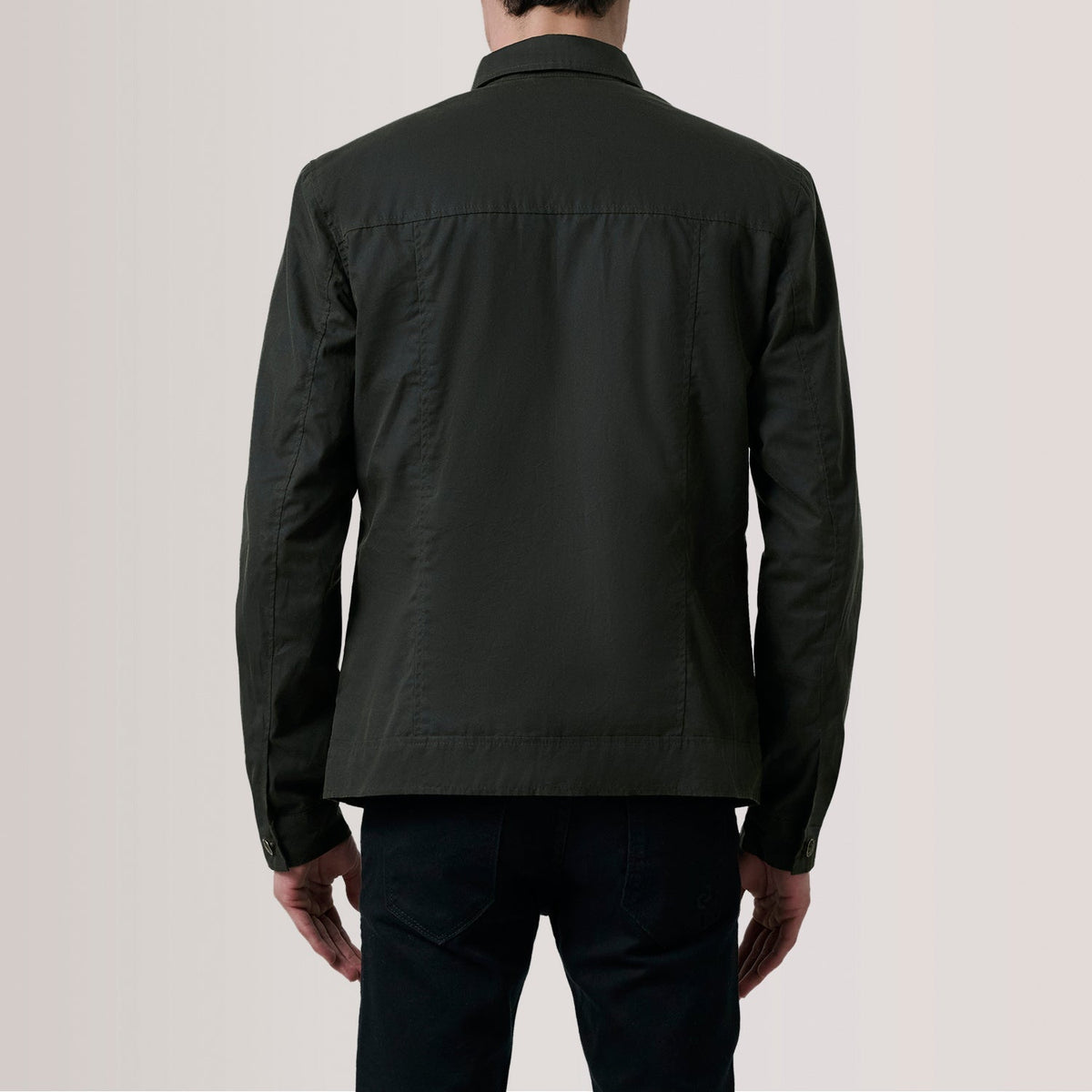 
クローズアップ詳細 of Classic Collar & Button Hardware on Irwin Olive Waxed Canvas Field レザージャケット メンズ For Men