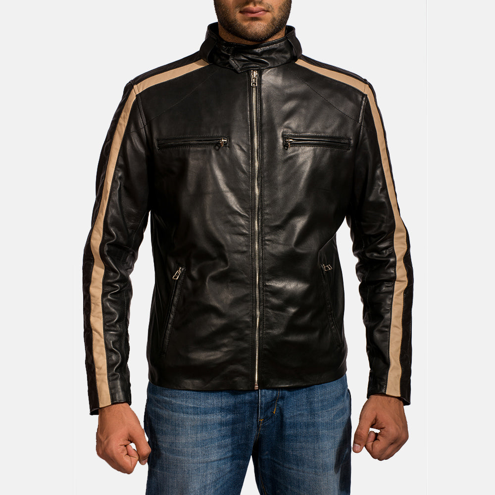 Men's Jack ブラック レザーライダースジャケット メンズ in Black Sheepskin Leather - Front Profile View &amp; Tailored Silhouette | Buy Online