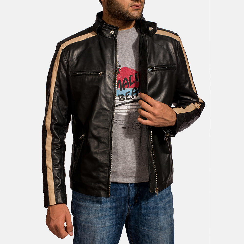Men's Jack ブラック レザーライダースジャケット メンズ - Lateral Side Profile View Showing Sleeve Cut &amp; Athletic Taper Fit