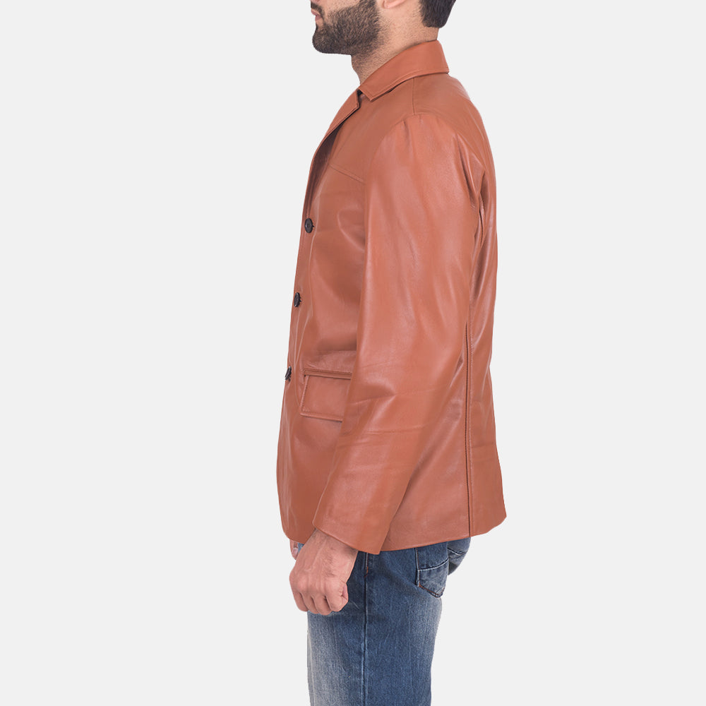 James タン ブラウン レザーテーラードブレザー メンズ - Lateral Side Profile View Showing Sleeve Cut &amp; Athletic Taper Fit
