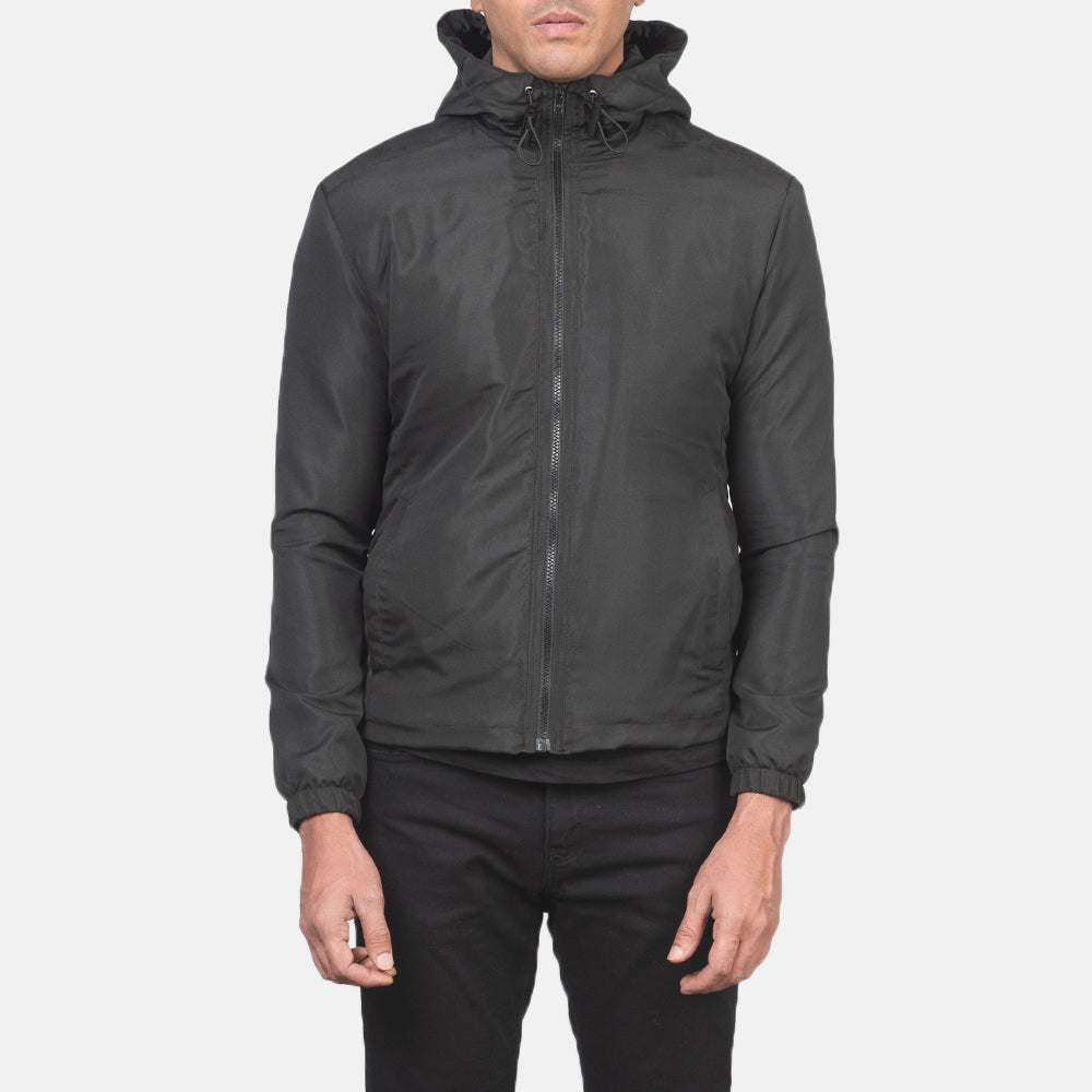 
クローズアップ詳細 of High Neck with Hood & Zipper with wind flap Hardware on Jimmy ブラック Hooded Windbreaker レザージャケット メンズ