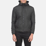 
クローズアップ詳細 of High Neck with Hood & Zipper with wind flap Hardware on Jimmy ブラック Hooded Windbreaker レザージャケット メンズ