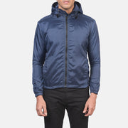 Men's Jimmy ブルー Hooded Windbreaker レザージャケット メンズ in Blue Nylon - Front Profile View &amp; Tailored Silhouette | Buy Online