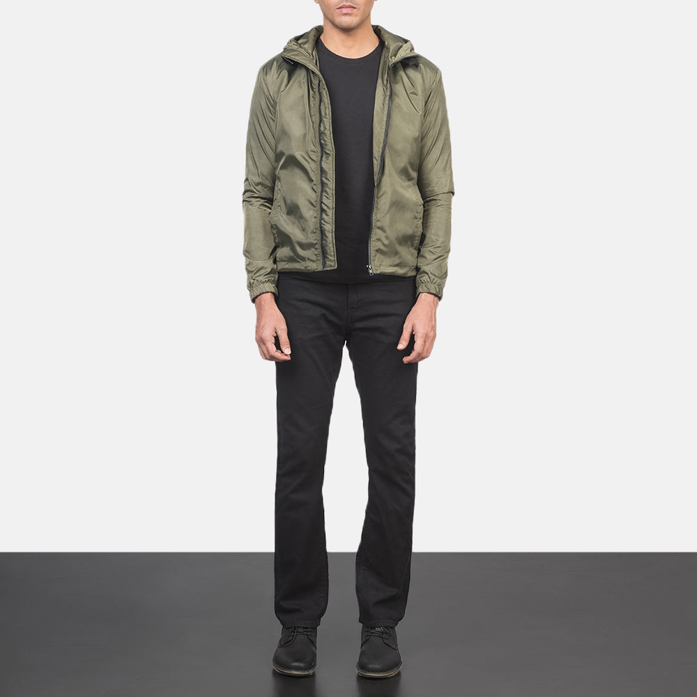 
Jimmy グリーン Hooded Windbreaker レザージャケット メンズ - 袖の立体カッティングと洗練されたテーパードフィットを見せる側面ビュー