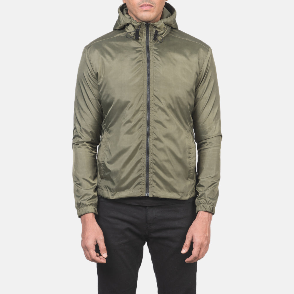 
クローズアップ詳細 of High Neck with Hood & Zipper with wind flap Hardware on Jimmy グリーン Hooded Windbreaker レザージャケット メンズ