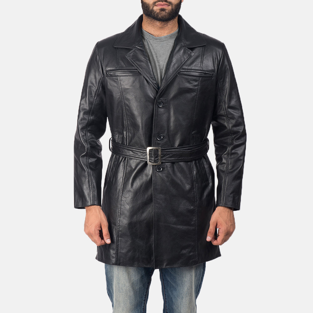 Men's Jordan ブラック レザーコート メンズ in Black Cowhide Leather - Front Profile View &amp; Tailored Silhouette | Buy Online