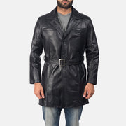 Men's Jordan ブラック レザーコート メンズ in Black Cowhide Leather - Front Profile View &amp; Tailored Silhouette | Buy Online