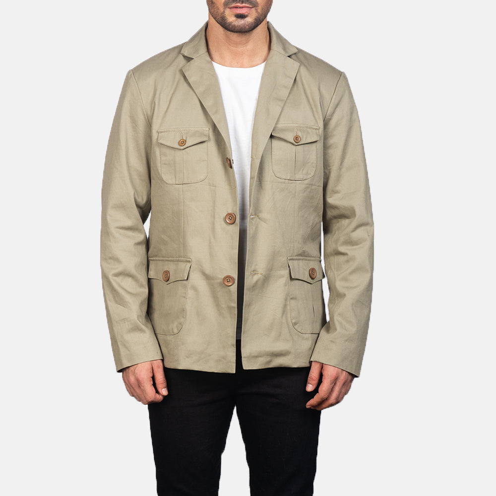 Kajetan Beige Safari レザージャケット メンズ in Beige Poly-Cotton - Front Profile View &amp; Tailored Silhouette | Buy Online