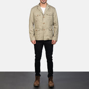 Kajetan Beige Safari レザージャケット メンズ - Lateral Side Profile View Showing Sleeve Cut &amp; Athletic Taper Fit