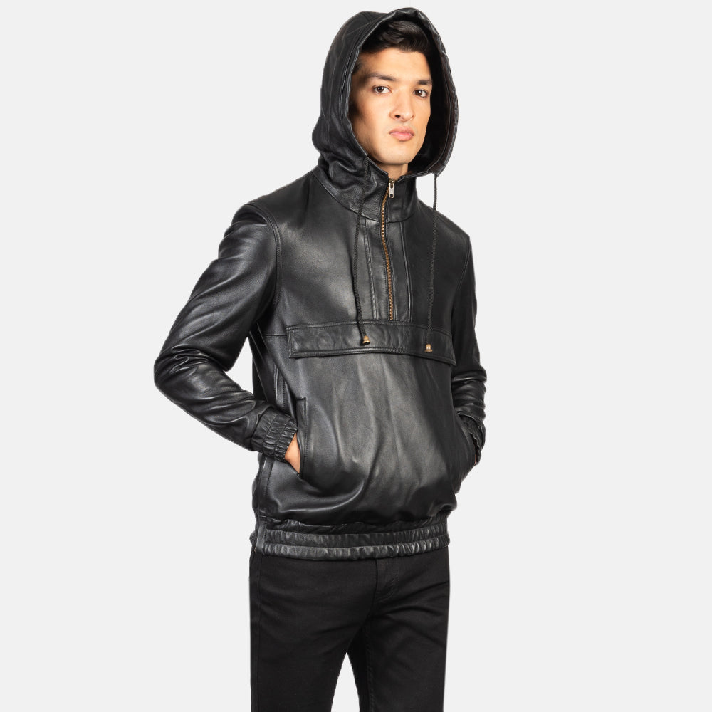 
クローズアップ詳細 of Classic Collar & Heavy-Duty Zipper Hardware on Kenton Hooded Blue Suede Pullover Jacket