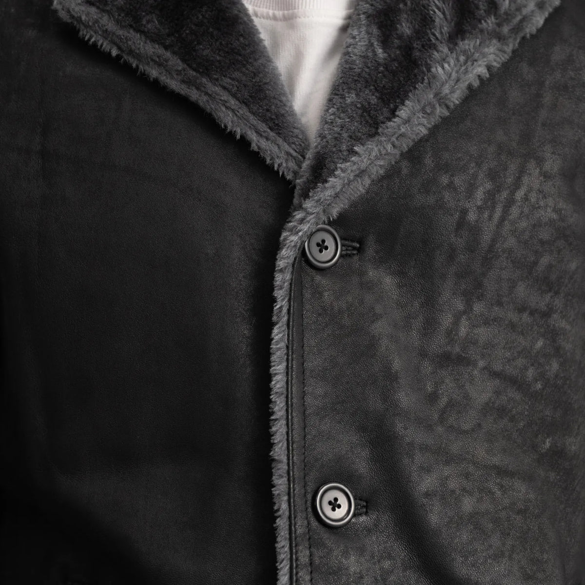 
クローズアップ詳細 of Notch & Button Hardware on Kolby Distressed Black Shearling Long Coat