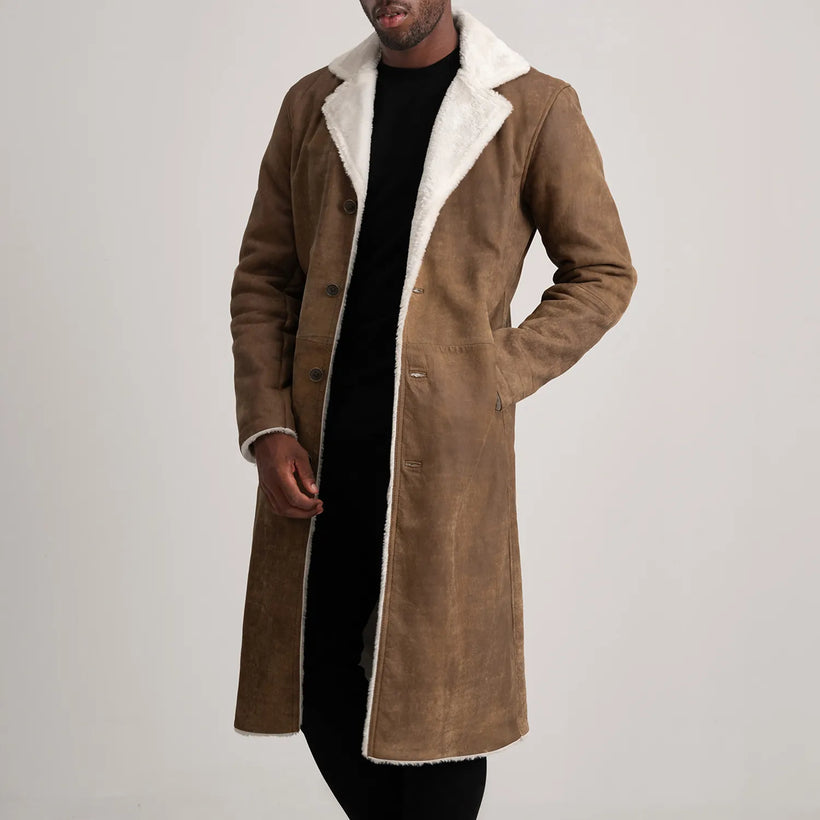 Kolby ディストレストブラウン Leather Shearling レザーコート メンズ