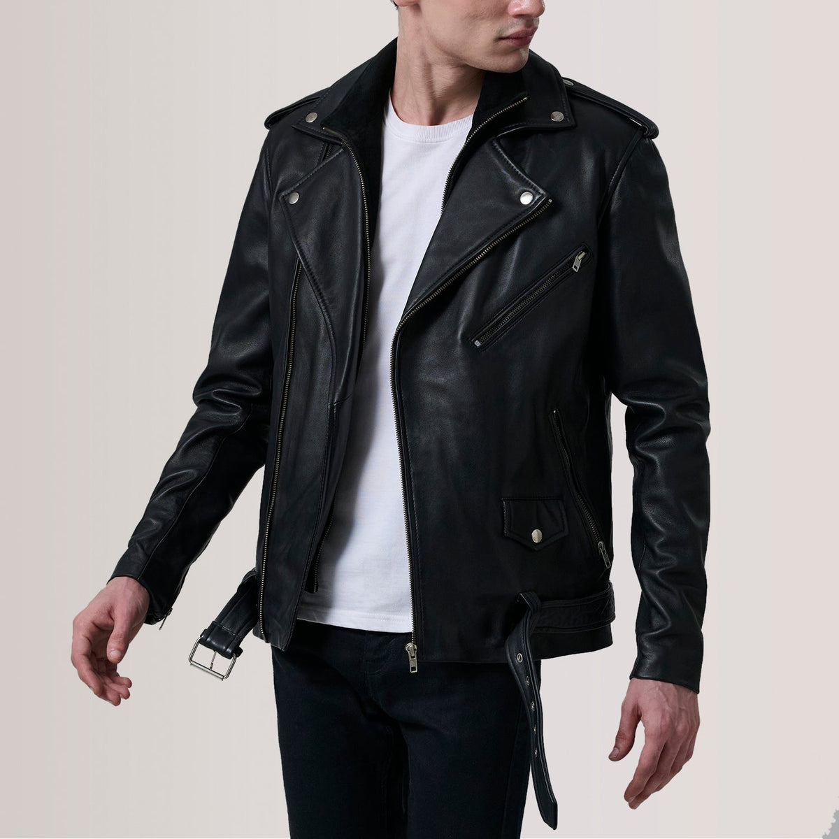 Kole ブラック Leather Double Rider レザージャケット メンズ For Men in Black Sheepskin Leather - Front Profile View &amp; Tailored Silhouette | Buy Online