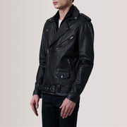 Kole ブラック Leather Double Rider レザージャケット メンズ For Men - Lateral Side Profile View Showing Sleeve Cut &amp; Athletic Taper Fit