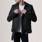 
Kole ヴィンテージブラック Leather Double Rider レザージャケット メンズ in Distressed Black Sheepskin Snuffed - 正面スタイル＆テーラードシルエット | 公式オンライン通販