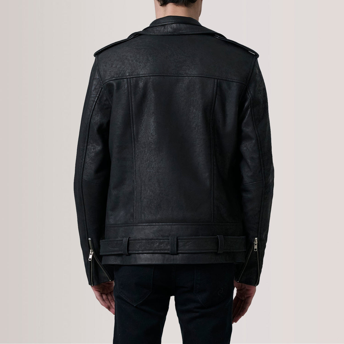 
クローズアップ詳細 of Notch & Zipper & Waist Straps Hardware on Kole ヴィンテージブラック Leather Double Rider レザージャケット メンズ