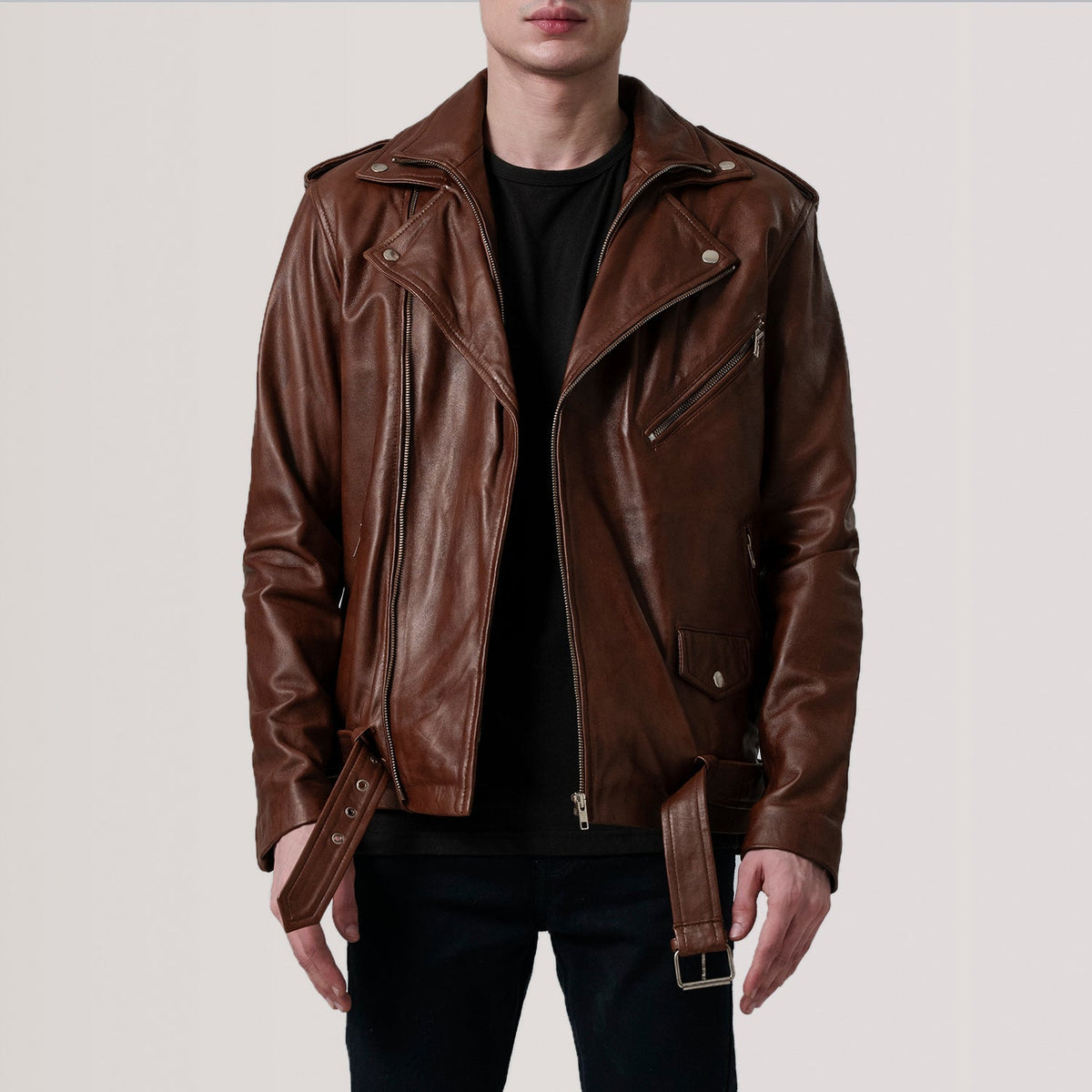 
Kole Waxed ブラウン Leather Double Rider レザージャケット メンズ in Distressed Brown Sheepskin Burnished - 正面スタイル＆テーラードシルエット | 公式オンライン通販