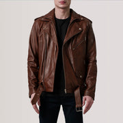 
Kole Waxed ブラウン Leather Double Rider レザージャケット メンズ in Distressed Brown Sheepskin Burnished - 正面スタイル＆テーラードシルエット | 公式オンライン通販