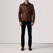 
Distressed Brown Sheepskin Burnished Biker Jacket - 美しい肩のラインと裾の仕立てが際立つ背面ビュー