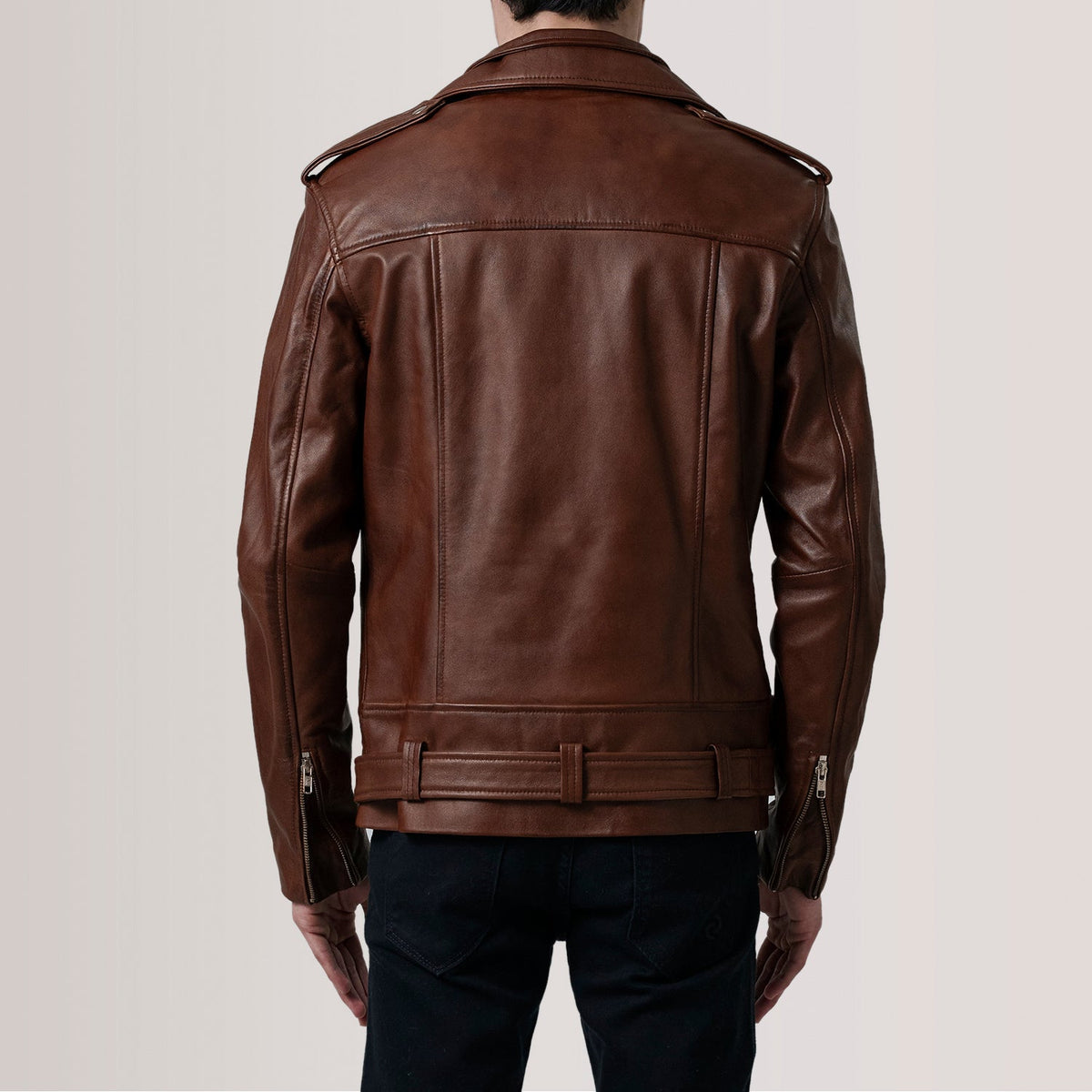 
クローズアップ詳細 of Notch & Zipper & Waist Straps Hardware on Kole Waxed ブラウン Leather Double Rider レザージャケット メンズ