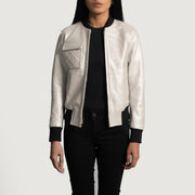 Women's Lana Silver レザーボンバージャケット レディース in Silver Sheepskin Leather - Front Profile View &amp; Tailored Silhouette | Buy Online