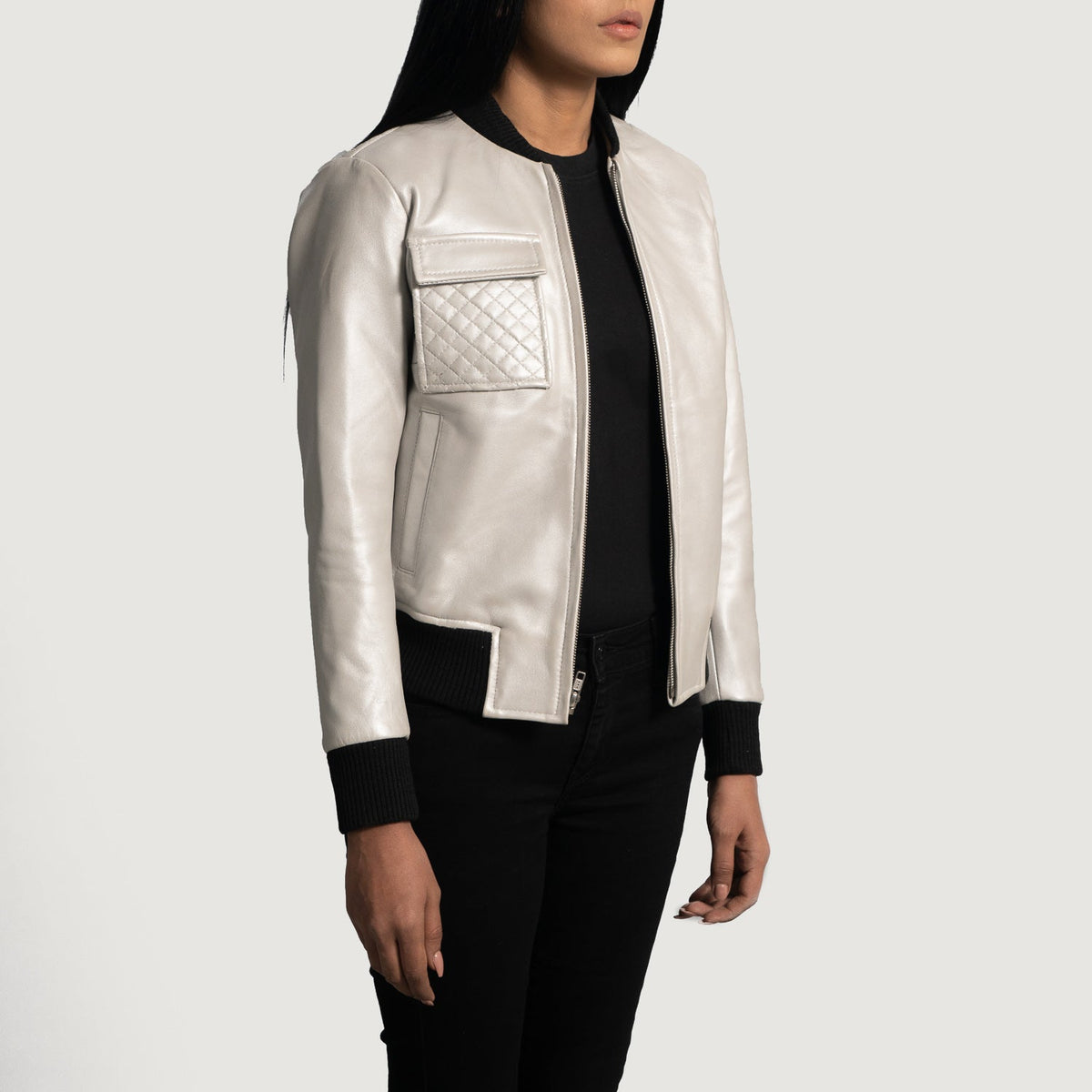 Women's Lana Silver レザーボンバージャケット レディース - Lateral Side Profile View Showing Sleeve Cut &amp; Athletic Taper Fit