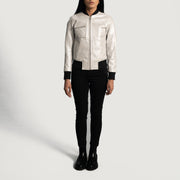 Close-Up Detail of Varsity &amp; Zipper Hardware on Women's Lana Silver レザーボンバージャケット レディース