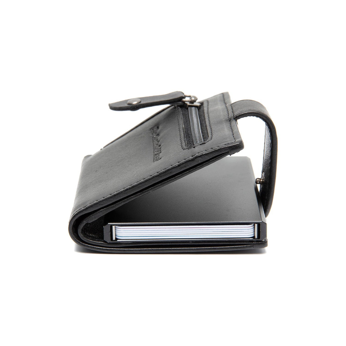 Barrea Full-Grain Leather Card Holder レディース - Structured Side Profile Showing Gusset Depth &amp; Expansion Capacity