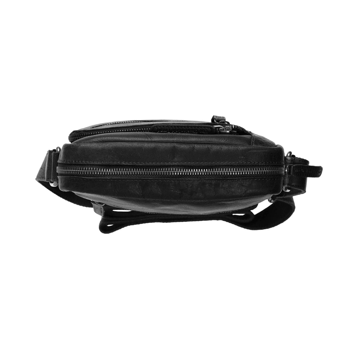 Dessau Full-Grain Leather Crossbody Bag - マチの奥行きと拡張容量を示す立体的なサイドプロファイル