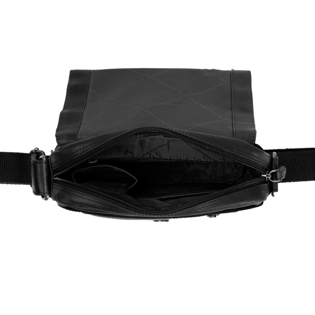 Remy Full-Grain Leather Crossbody Bag - マチの奥行きと拡張容量を示す立体的なサイドプロファイル