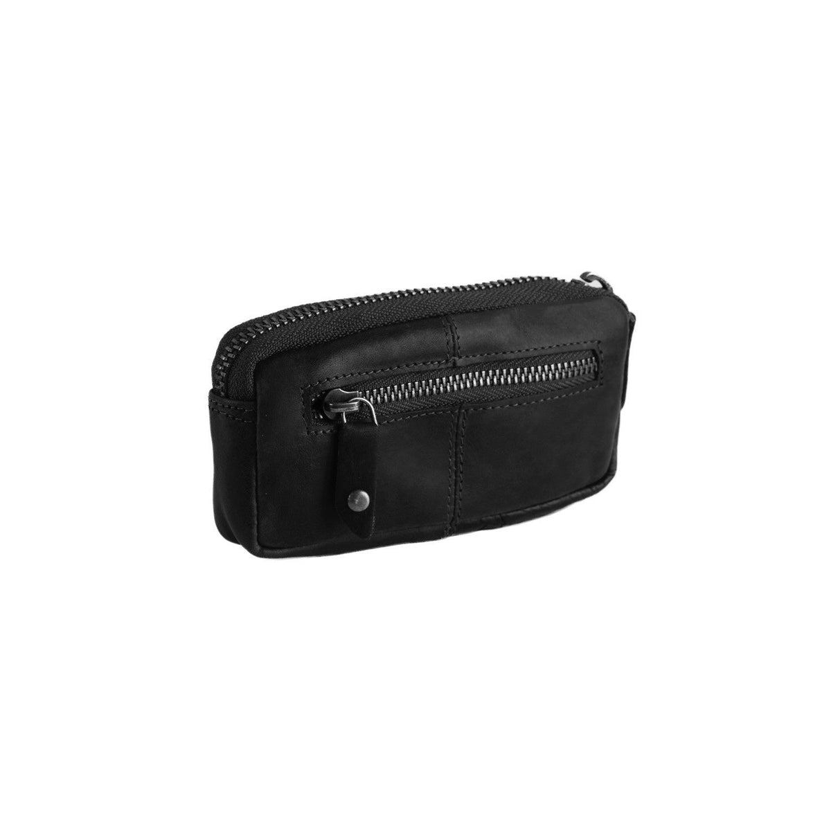 Close-Up Detail of Classic Collar &amp; Heavy-Duty Zipper Hardware on Corey Full-Grain Leather Key Case レディース