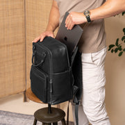 Solid Antique Brass Hardware &amp; Heavy-Duty Dual Zipper Detail on Calden Full-Grain Leather Laptop Backpack レディース