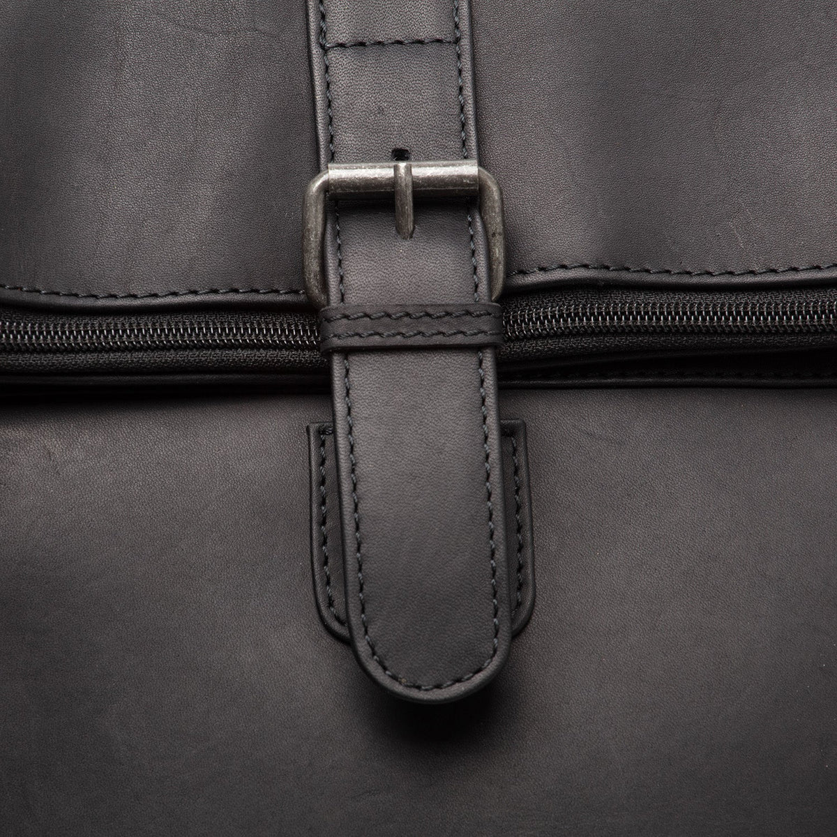 Solid Antique Brass Hardware & Heavy-Duty Dual Zipper Detail on Larsson Full-Grain Leather Laptop Backpack