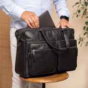 Misha Full-Grain Leather Laptop Bag レディース - Structured Side Profile Showing Gusset Depth &amp; Expansion Capacity