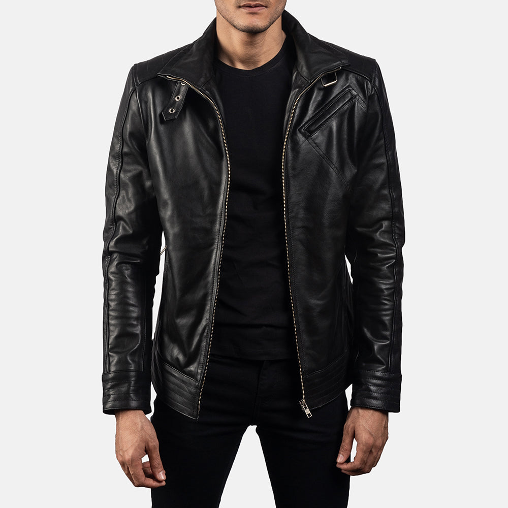 Men's Legacy ブラック レザーライダースジャケット メンズ in Black Cowhide Leather - Front Profile View &amp; Tailored Silhouette | Buy Online