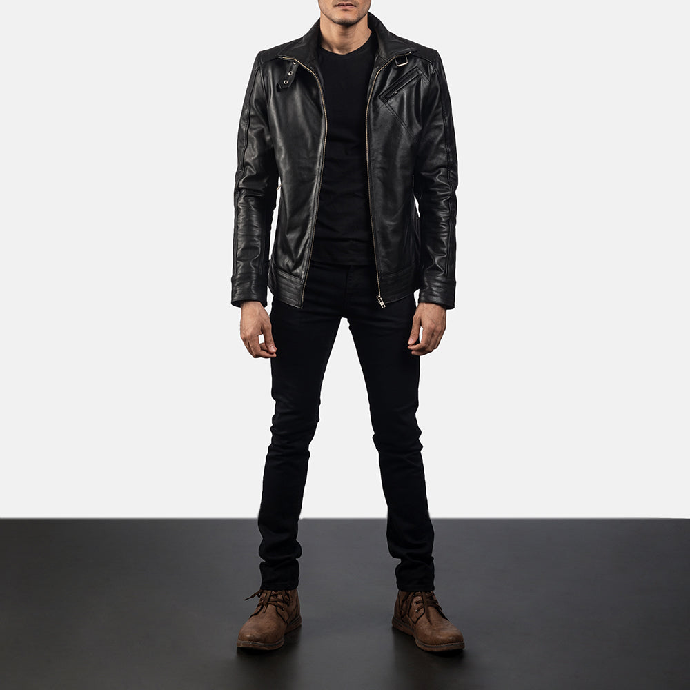Men's Legacy ブラック レザーライダースジャケット メンズ - Lateral Side Profile View Showing Sleeve Cut &amp; Athletic Taper Fit