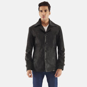 Leo ブラック レザーコート メンズ in Black Cowhide Leather - Front Profile View &amp; Tailored Silhouette | Buy Online