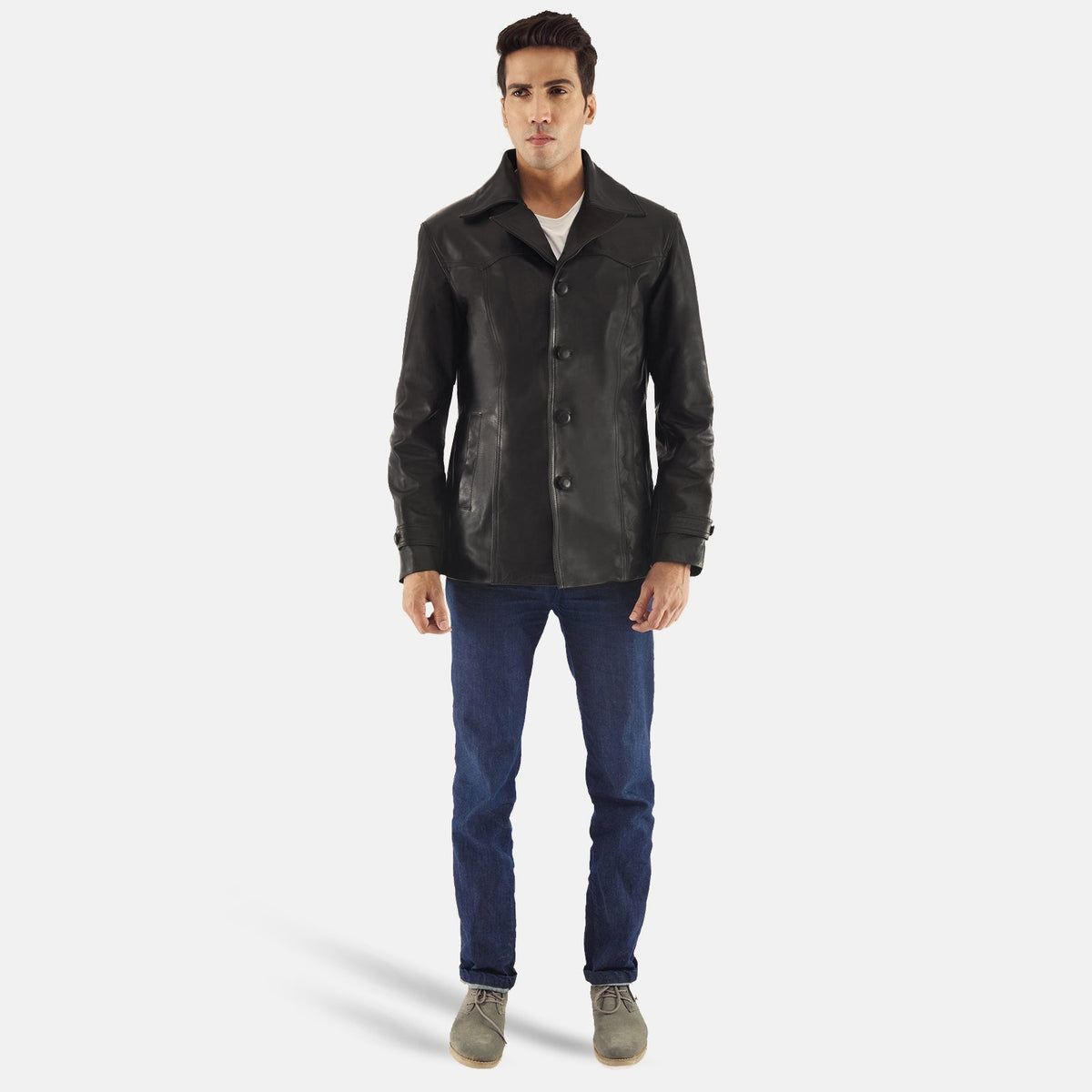 Leo ブラック レザーコート メンズ - Lateral Side Profile View Showing Sleeve Cut &amp; Athletic Taper Fit