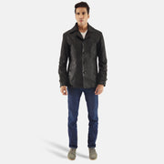 Leo ブラック レザーコート メンズ - Lateral Side Profile View Showing Sleeve Cut &amp; Athletic Taper Fit