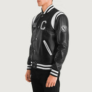 
Black & White Sheepskin Leather Varsity Jacket - 美しい肩のラインと裾の仕立てが際立つ背面ビュー
