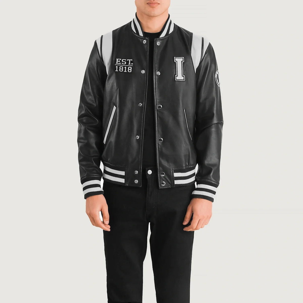 Liberte Illinois ブラック Leather Varsity レザージャケット メンズ in Black &amp; White Sheepskin Leather - Front Profile View &amp; Tailored Silhouette | Buy Online
