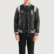 Liberte Illinois ブラック Leather Varsity レザージャケット メンズ in Black &amp; White Sheepskin Leather - Front Profile View &amp; Tailored Silhouette | Buy Online